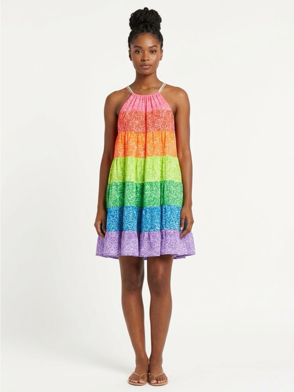 Pitusa Tiered Dress Burnout Cotton Blend Multicolor Rainbow NWT Petite